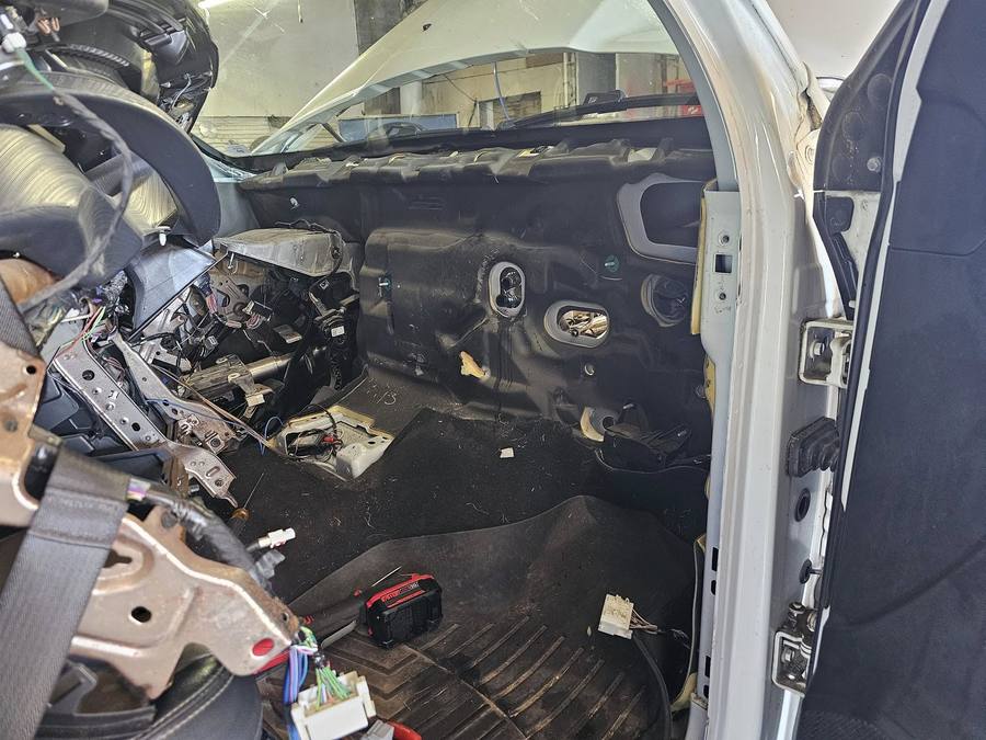 Vehicle interior with the dash removed for a heater core replacement